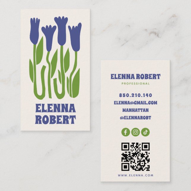 Visita tarjeta de presentación de flores boho groovy con  (Anverso / Reverso)
