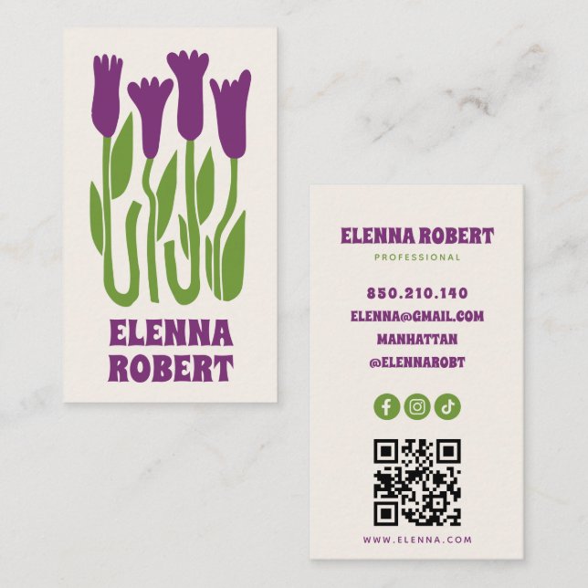 Visita tarjeta de presentación de flores boho groovy con  (Anverso / Reverso)