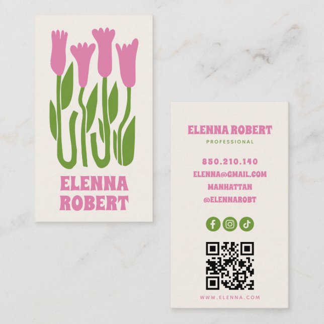 Visita tarjeta de presentación de flores boho groovy letr (Anverso / Reverso)