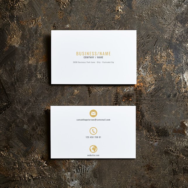 Visita Tarjeta de presentación de iconos blancos y dorado (White and gold business card. Professional business card with 3 bold and simple icons)