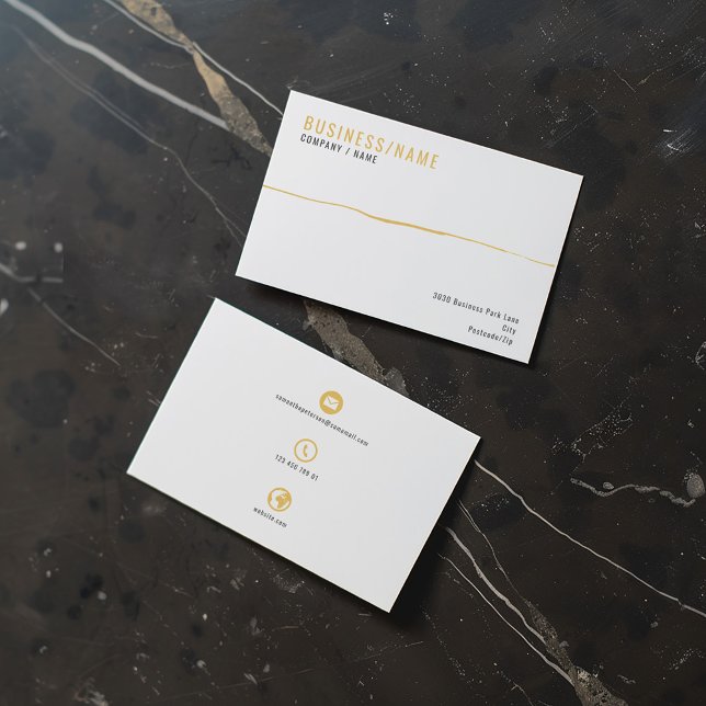 Visita Tarjeta de presentación de iconos blancos y dorado (White and gold business card. Professional business card with 3 bold and simple icons on the back.)