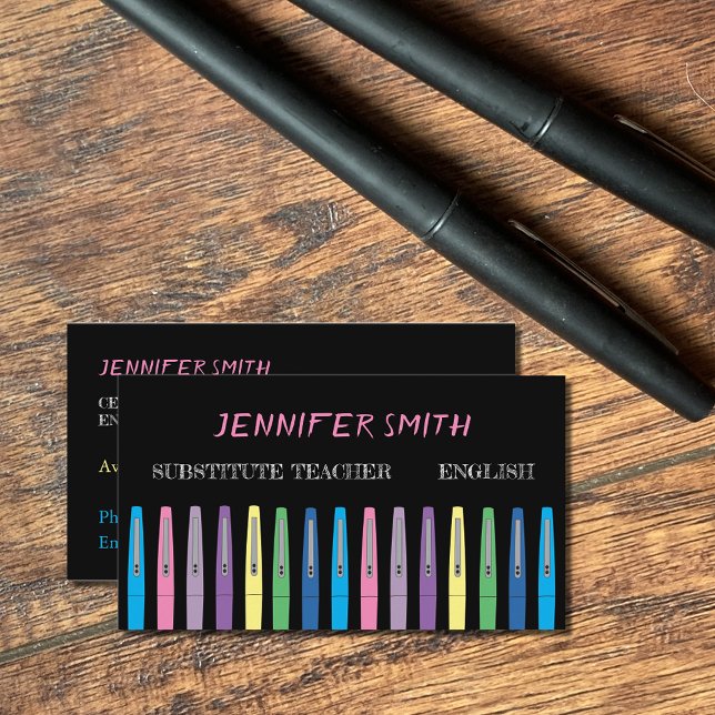 Visita Tarjeta de presentación de la pluma Rainbow Pen Su (Colorful pens black double-sided sub teacher business card .)