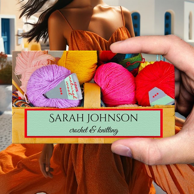 Visita Tarjeta de presentación de lana para ganchillo y t (Business card featuring a basket with wool in bright colors - artisan - handmade - knitted - maker)