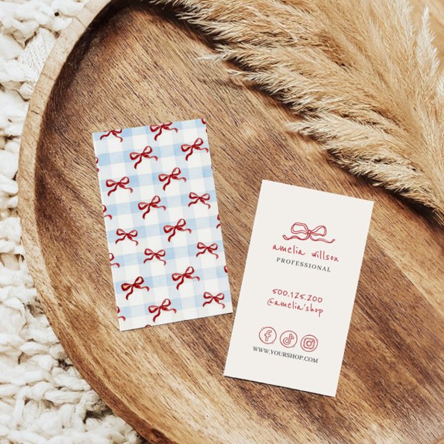 Visita tarjeta de presentación de lazo de gingham minimal (Subido por el creador)