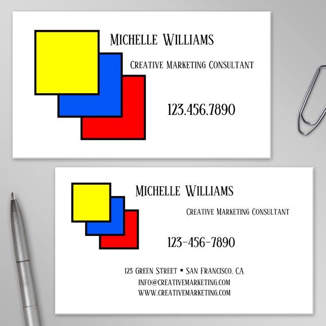 Visita Tarjeta de presentación de marketing creativo de c (Business card featuring a Mondrian inspired design in primary colors)