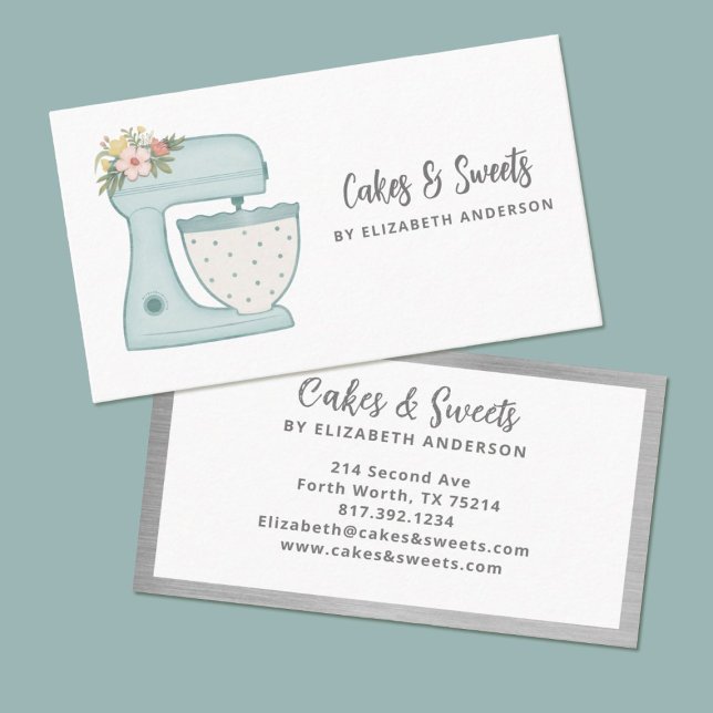 Visita Tarjeta de presentación de panadería de pasteles d (A pretty blue polkadot mixer with flowers decorates this bakery business card.)