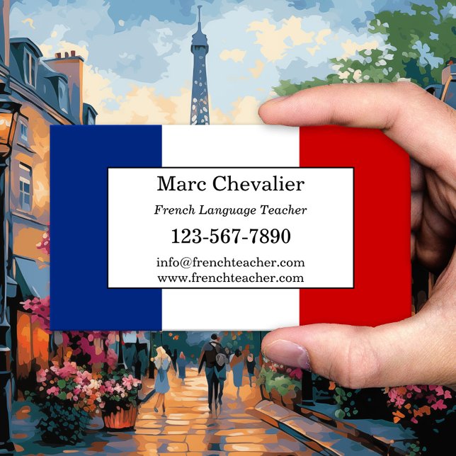 Visita Tarjeta de presentación de profesor de lengua fran (Business card for a teacher of the French language with the French flag as background)