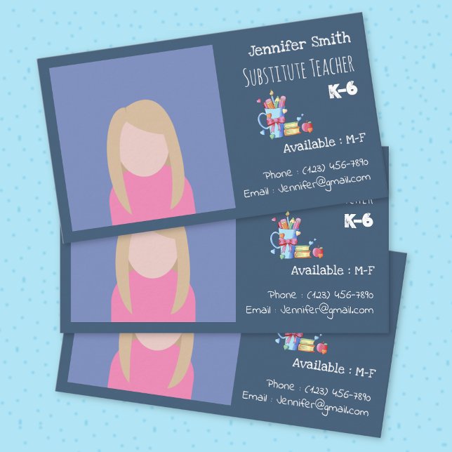 Visita Tarjeta de presentación de profesor sustituto azul (Substitute teacher dark blue standard business cards with photo . )