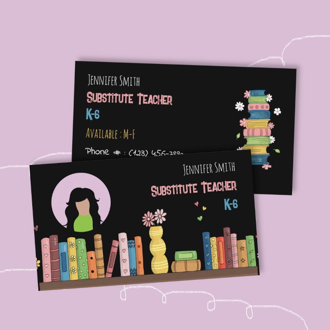 Visita Tarjeta de presentación de profesor sustituto negr (Watercolor bookshelf double-sided educator black business card with photo .)