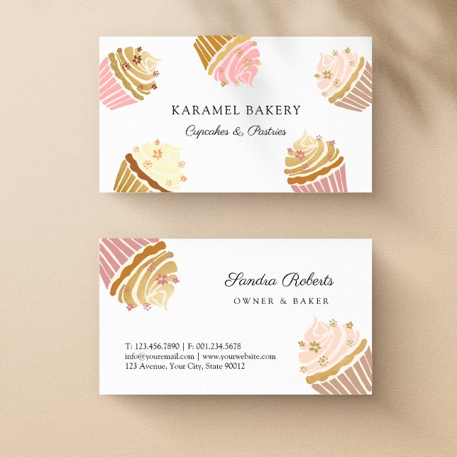 Visita Tarjeta de presentación de Rubor Pink Gold Cupcake (Blush Pink and Gold Cupcakes Bakery Business Card)