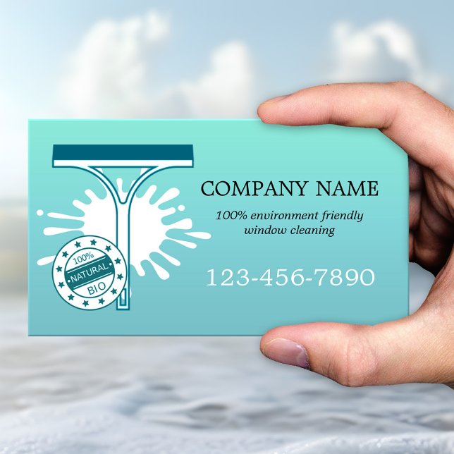 Visita Tarjeta de presentación de servicios de limpieza d (Business card featuring a simple turquoise teal design with an eco-friendly window cleaner theme)