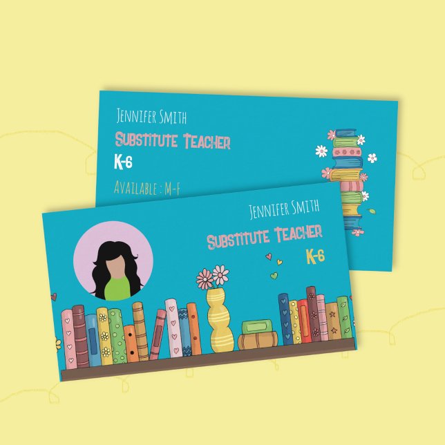 Visita Tarjeta de presentación de tutor azul teñido con f (Watercolor bookshelf teal double-sided teacher business card with photo .)