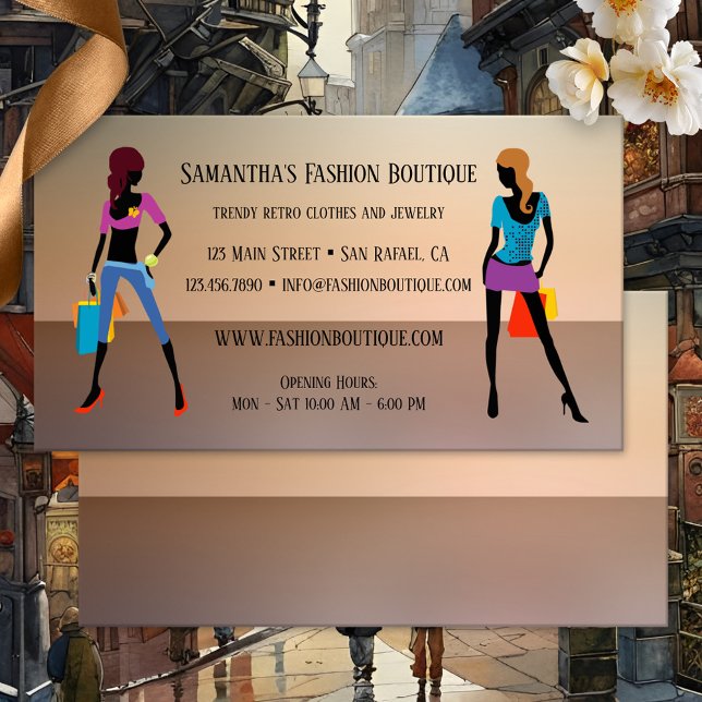 Visita Tarjeta de presentación de Women Fashion Retail St (Fashion business card featuring images of two women with shopping bags on a faded background)
