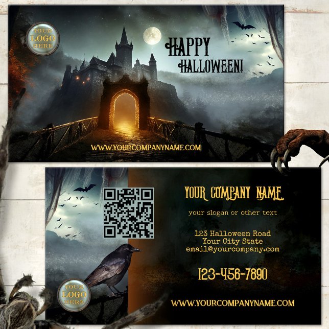 Visita Tarjeta de presentación del castillo embrujado de  (Halloween business card featuring a dark castle with a full moon and bats and a raven on the back)