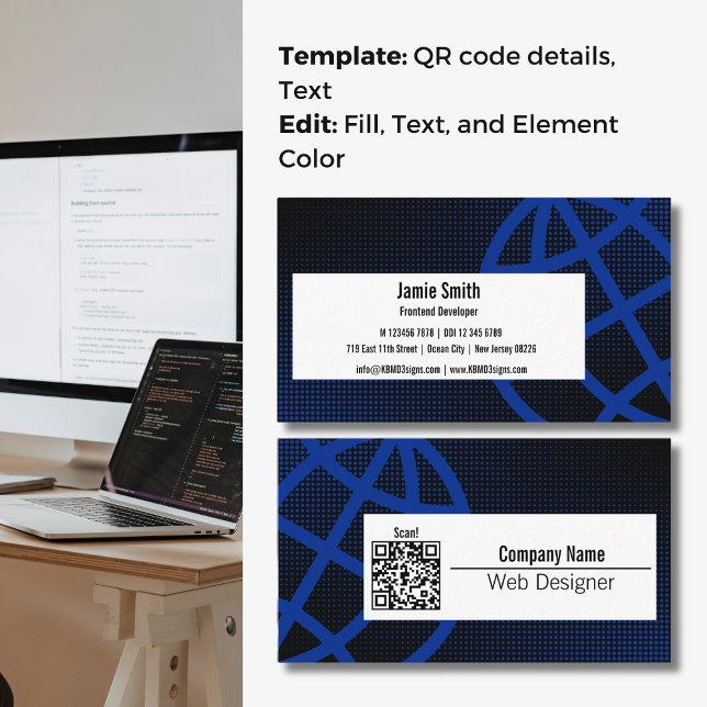 Visita Tarjeta de presentación del Diseñador web azul pro (Professional Blue Web Designer Business Card, WWW symbol, QR code)