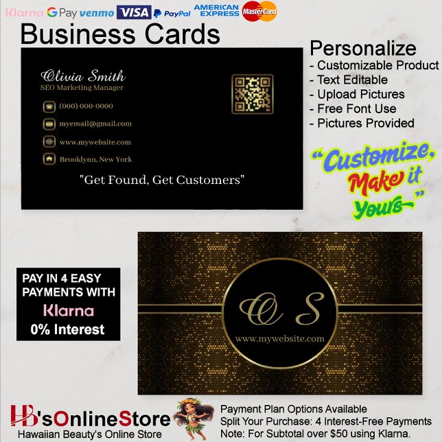 Visita Tarjeta de presentación elegante con código QR dor (Gold Black Elegant QR Code Business Card 18.)