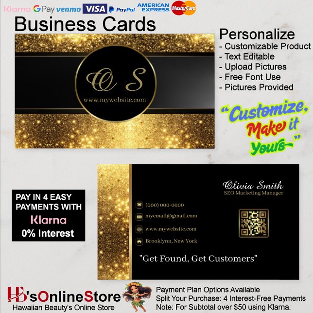 Visita Tarjeta de presentación elegante con código QR dor (Gold Black Elegant QR Code Business Card 19.
)