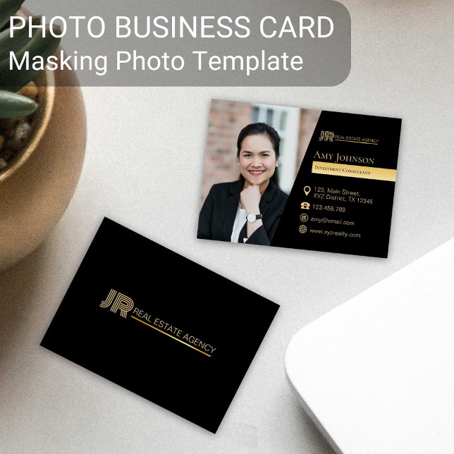 Visita Tarjeta de presentación en color negro, plantilla  (Black gold color custom business card masking shape element design tool)