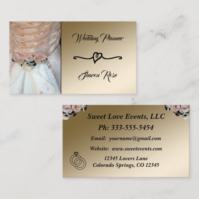 Visita Tarjeta de presentación Floral & Gold Wedding Plan (Anverso / Reverso)