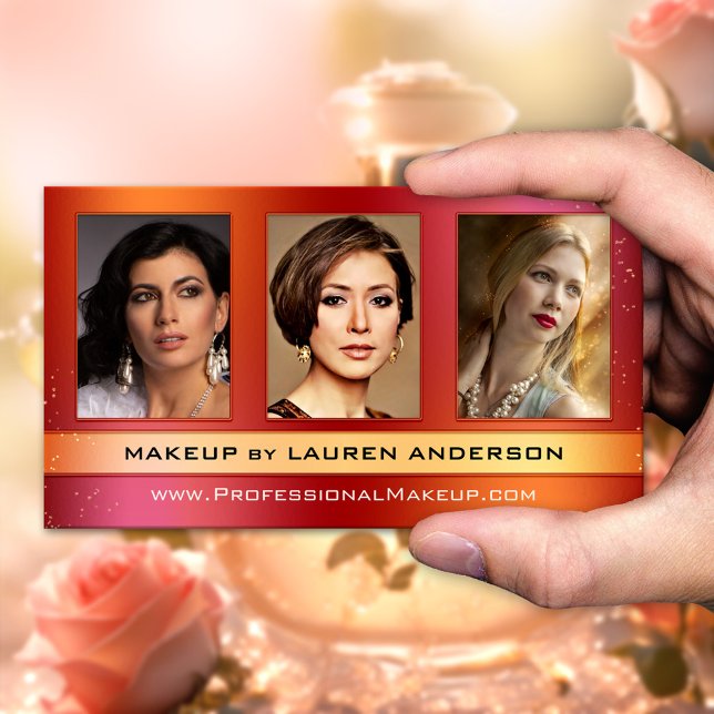 Visita Tarjeta de presentación Glam Personalizado Photos (Beauty business card featuring a photo portfolio on a colorful red orange glitter design)