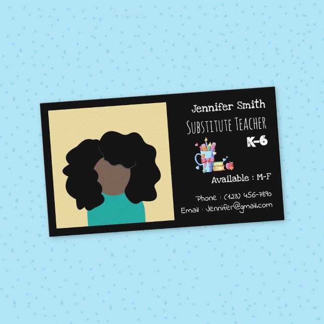 Visita Tarjeta de presentación negra de profesor sustitut (Substitute teacher black standard business card with photo . )