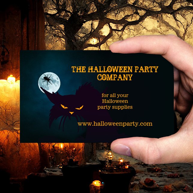 Visita Tarjeta de presentación para la fiesta de Hallowee (Halloween business card showing an angry black cat in the night with a spider on a full moon)
