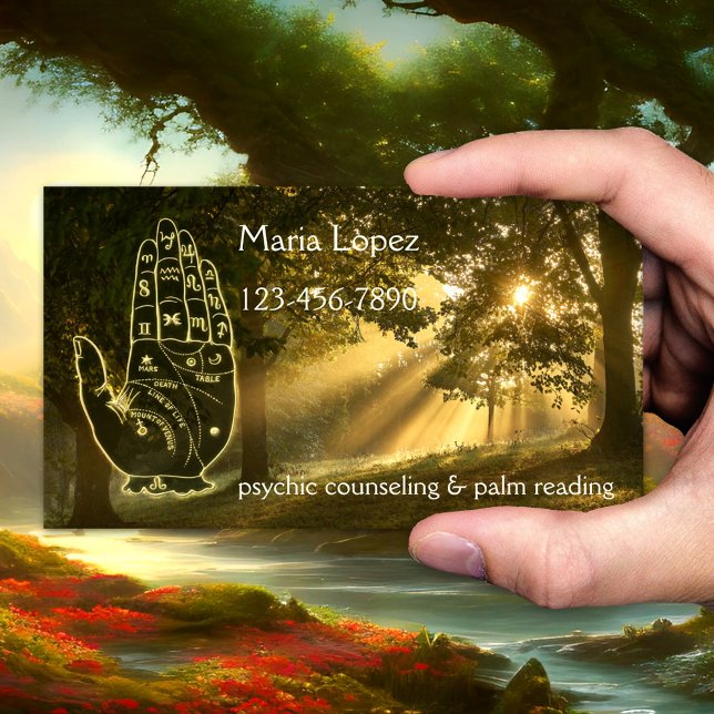 Visita Tarjeta de presentación para lector de palma mágic (Business card featuring a magical forest with a hand palm outline. Great for a palm reader, psychic)