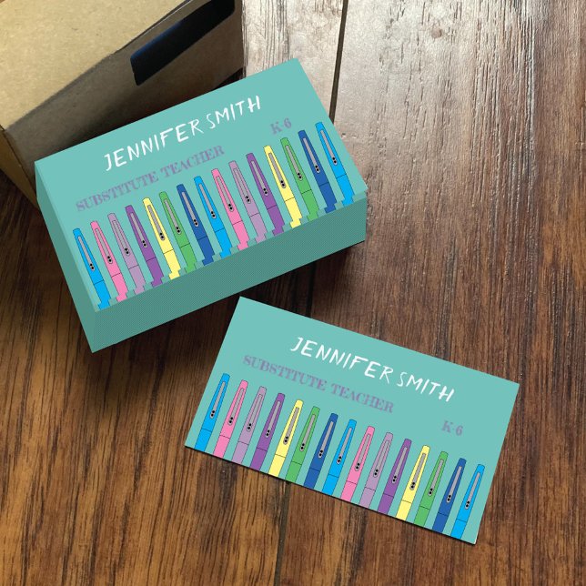 Visita Tarjeta de presentación para profesores sustitutos (Colorful pens teal standard business card for educator . )