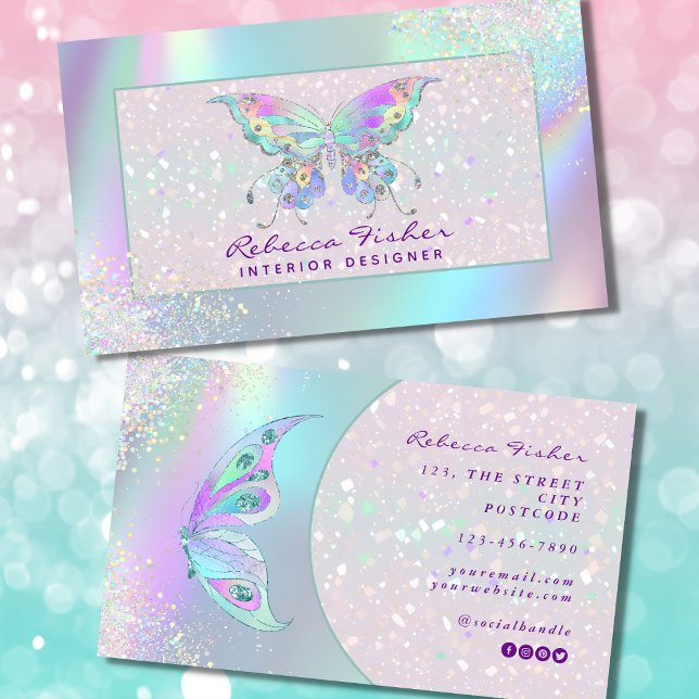 Visita Tarjeta de presentación Pastel Rainbow Holographic (butterfly business card)