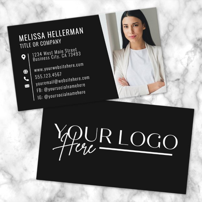 Visita Tarjeta de presentación profesional con logotipo d (Black Modern Photo Logo Professional Business Card)