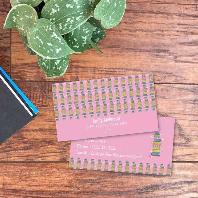 Visita Tarjeta de presentación rosa para profesor sustitu (Books pattern substitute teacher pink horizontal double-sided business card .)