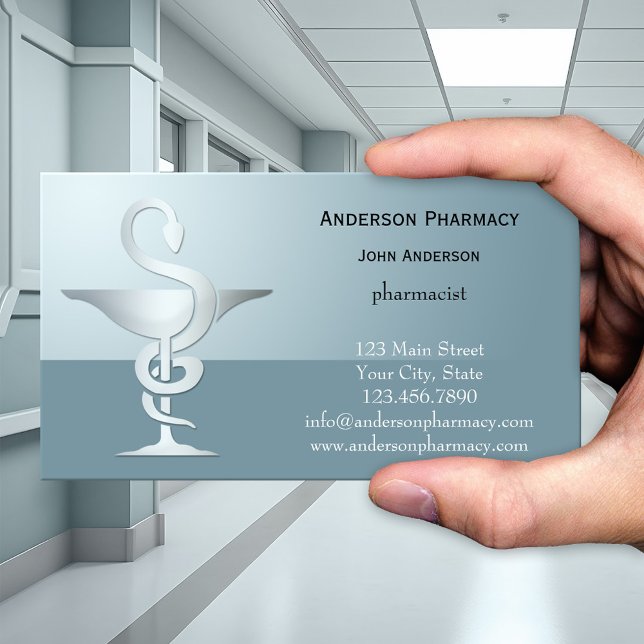 Visita Tarjeta de presentación Silver Caduceus Pharmacy (Modern pharmaceutical themed business card in pale teal blue with a silver caduceus - pharmacy)