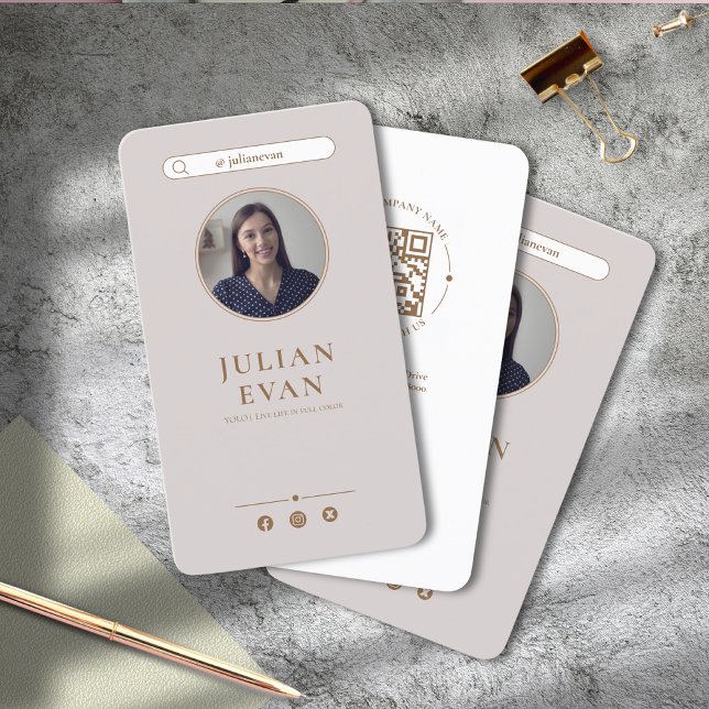 Visita Tarjeta de presentación simple y elegante de fotog (Simple Elegant Beige Photo Profile Businss Card)