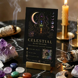 Visita Tarjeta de Reiki Celestial de Lujo Negro Oro QR 