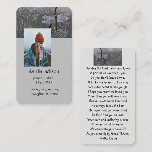 Visita Tarjeta de rezo conmemorativa Dragonfly Dewdrop (Anverso / Reverso)