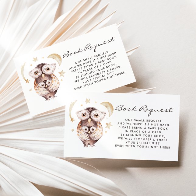 Visita Tarjeta de solicitud de libro Boho Mommy and Baby  (Woodland theme baby shower book request card featuring watercolor mommy and baby owl.)