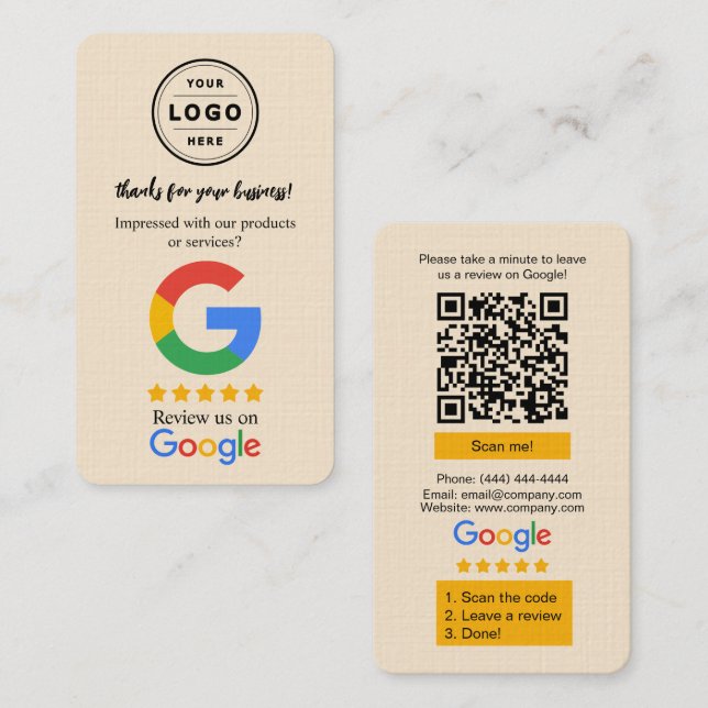 Visita Tarjeta de solicitud de reseña de Google con logot (Anverso / Reverso)
