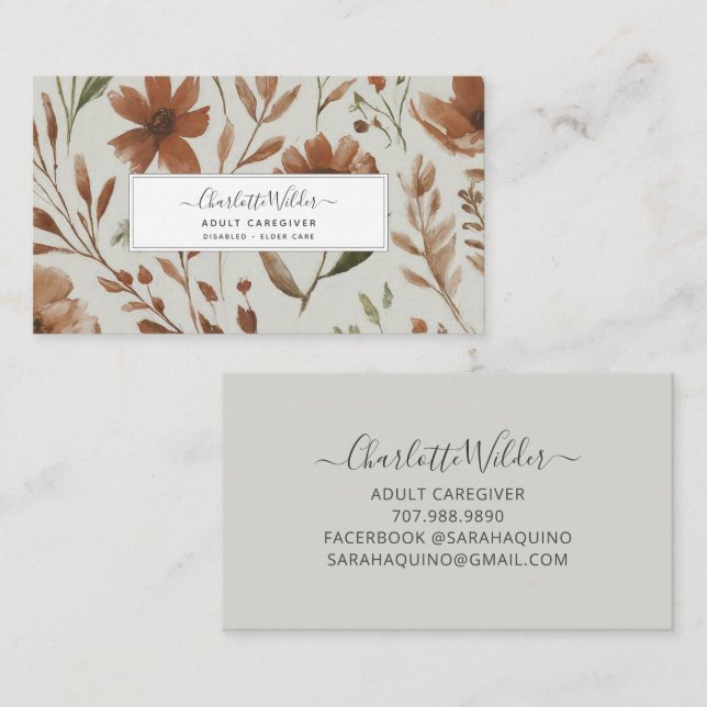 Visita Tarjeta Floral Pintada para Cuidador de enfermería (Anverso / Reverso)