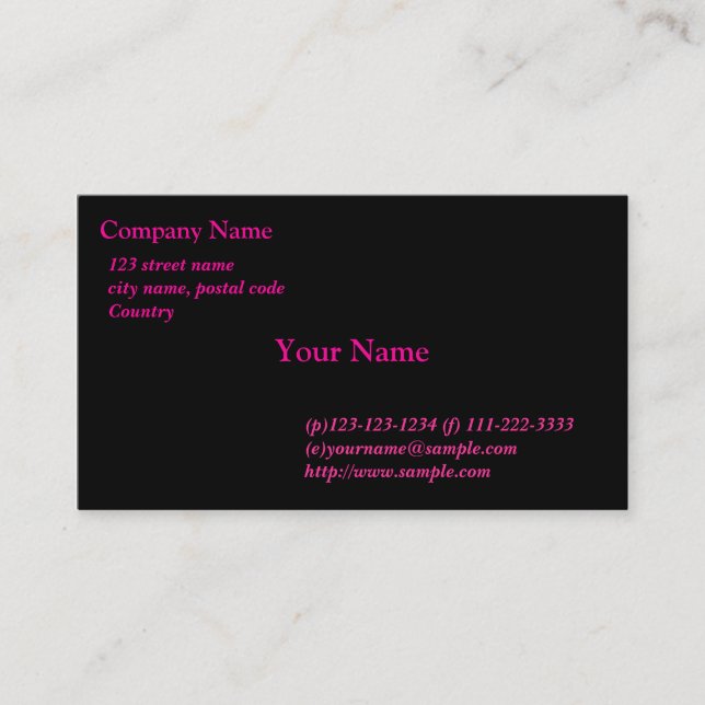 Visita tarjeta negra, tipos de letra rosa (Anverso)