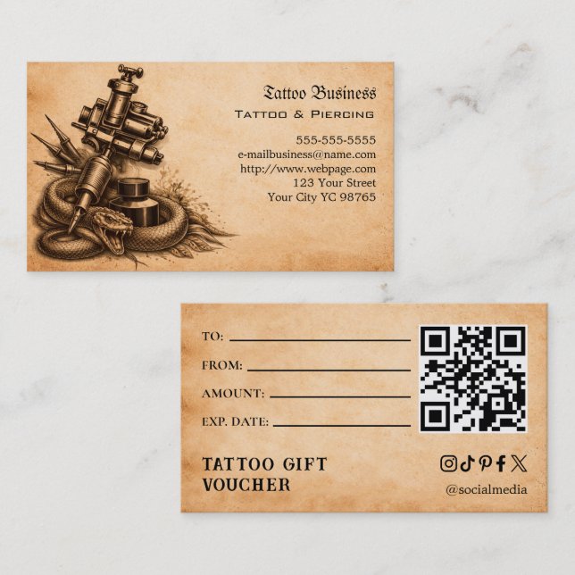 Visita Tarjeta regalo de tatuaje (Anverso / Reverso)