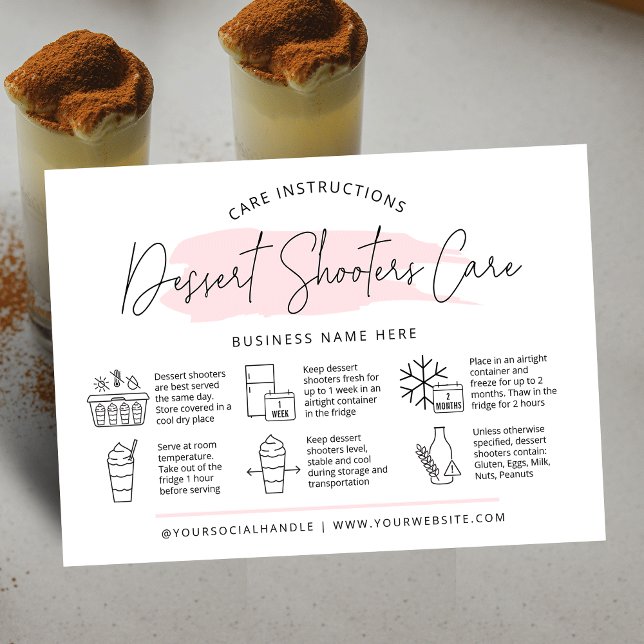 Visita Tiradores de pasteles de postre Cuidan las tarjeta (Dessert shooters care cards with icons, modern script font and pink watercolor and your logo)