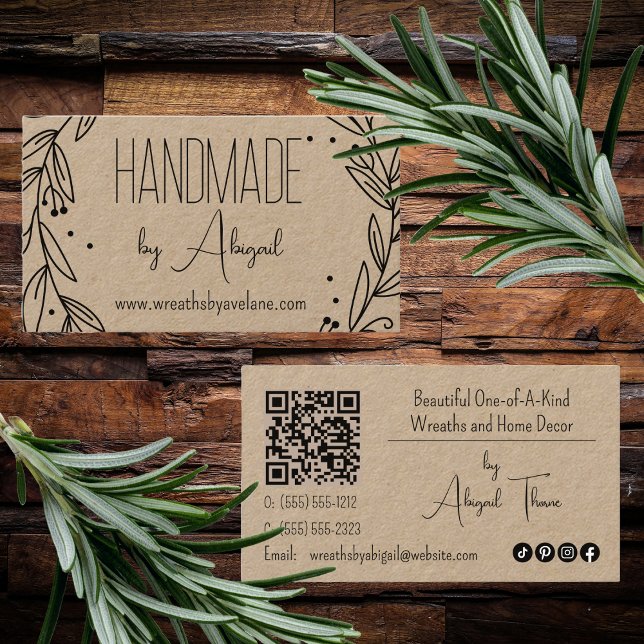 Visita Wreath floral hecho a mano | Tarjeta de presentaci (Floral Line Art Wreath "Handmade" Handcrafted Business Card)