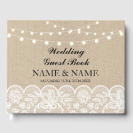 Visitas Boda Libro De Huéspedes Burlap Lace Rustic Lights