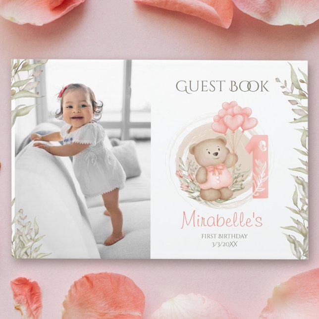 Visitas Cute Teddy Bear Primer Libro de la Foto de cumplea (Cute Teddy Bear 1st Birthday Photo Guest Book)