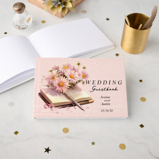Visitas Dalias rosadas en libro abierto de boda