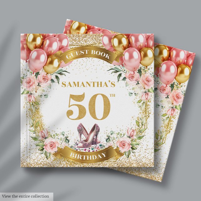 Visitas Elegante Boho Flowers del libro de cumpleaños núme (Elegant 50th Birthday Guest Book Boho Flowers Glitter)