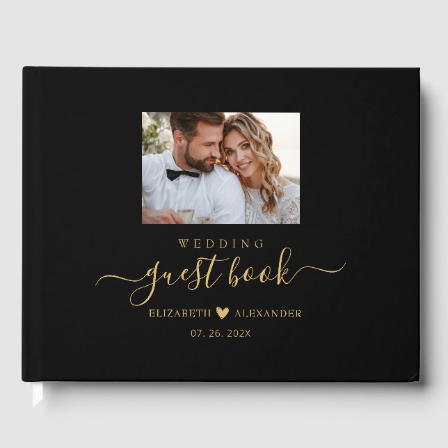 Visitas Elegante libro de Boda simple de guiones dorados (Anverso)