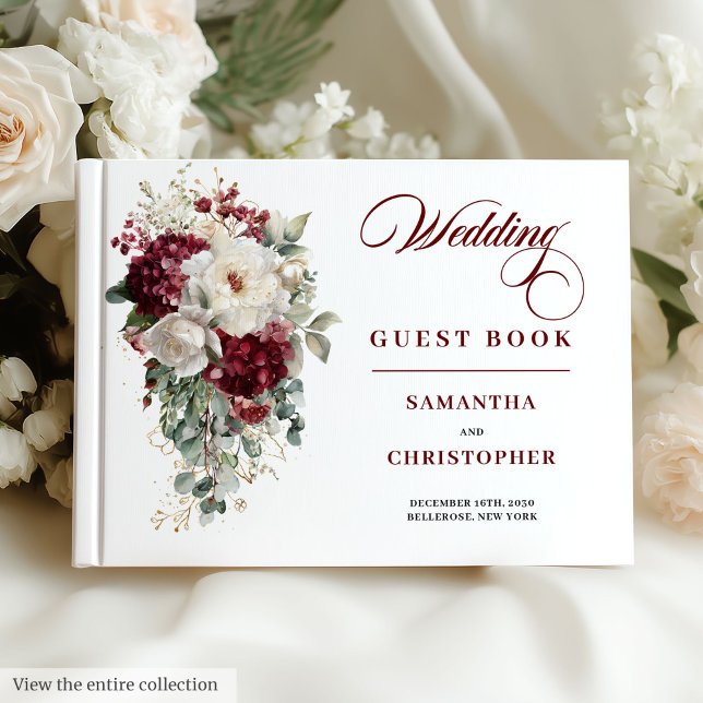 Visitas Elegante libro de Bodas Boho Burgundy Rosa (Elegant Boho Burgundy Rose Wedding Guest Book)