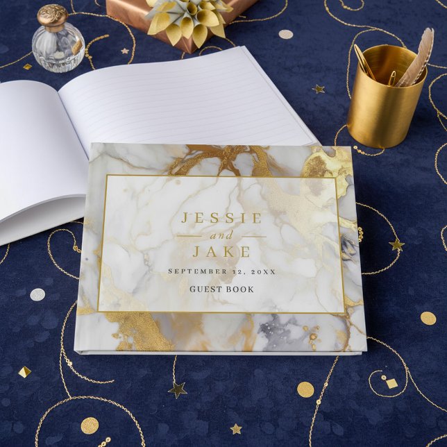 Visitas Elegante libro de Bodas de mármol blanco y dorado (Elegant white and Gold Marble Wedding Guest Book.)
