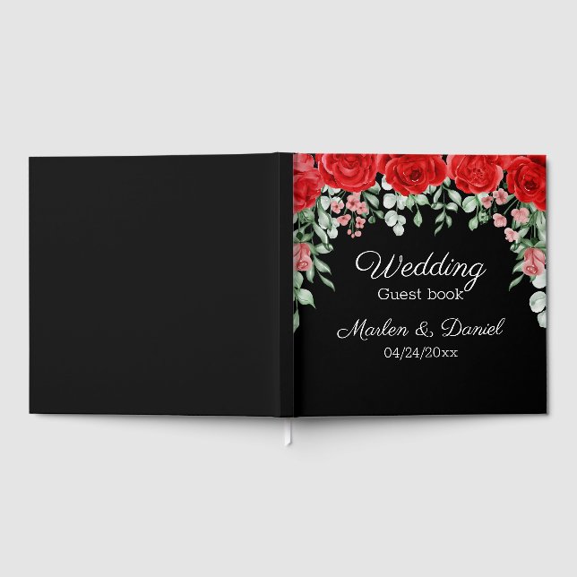 Visitas Elegante libro de Bodas florales negro y rojo (Lleno)